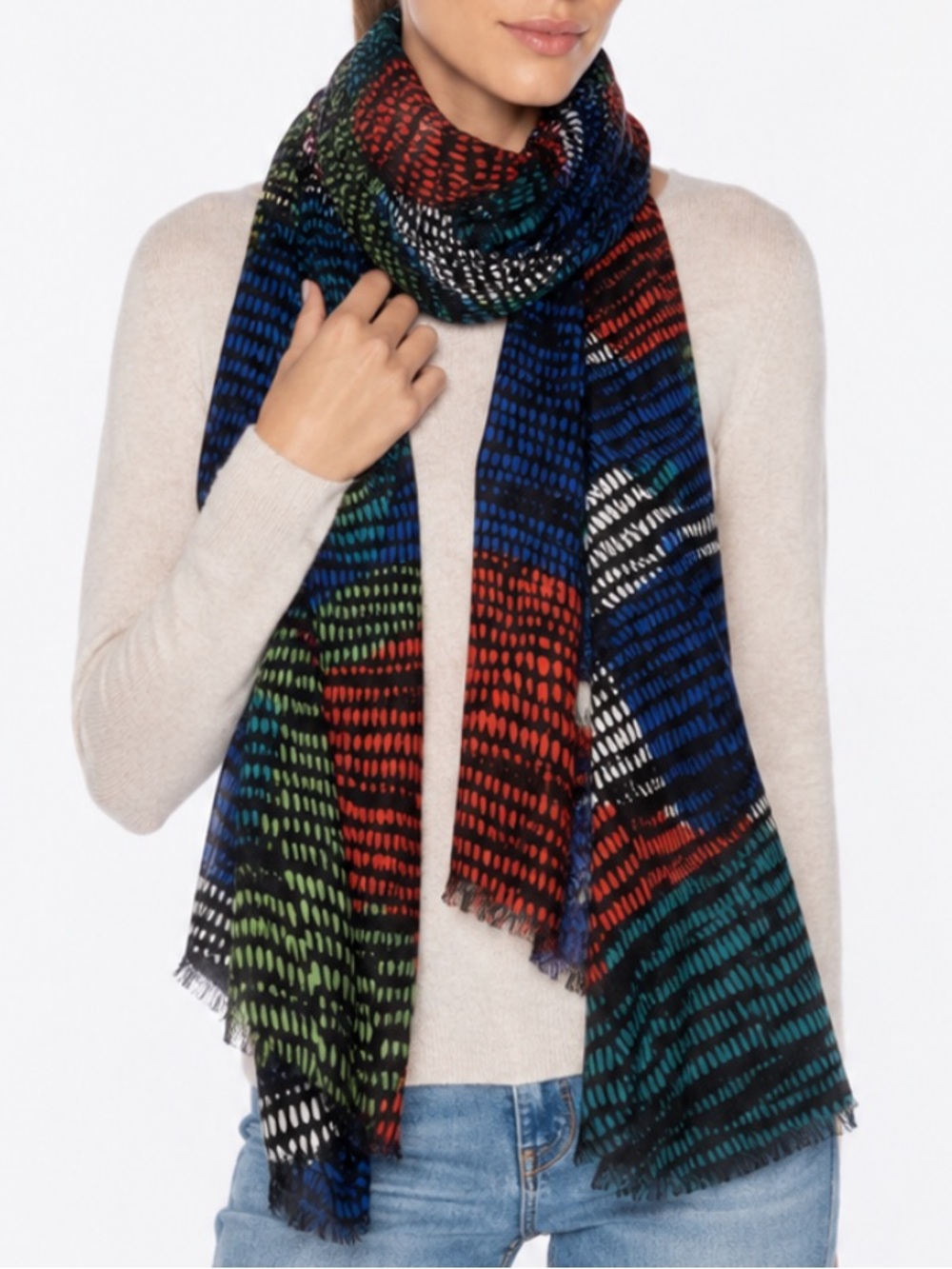 NWOT KINROSS CASHMERE Large Multicolor Patterned Fringe Scarf - Cashmere & Silk.